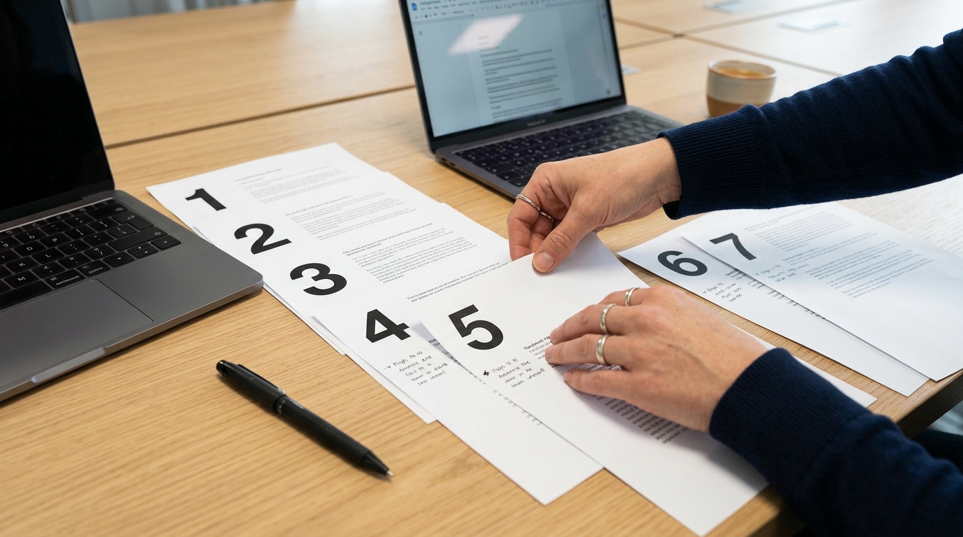 Structured data for AI search: neatly arranged sheets with a clear structure on a desk