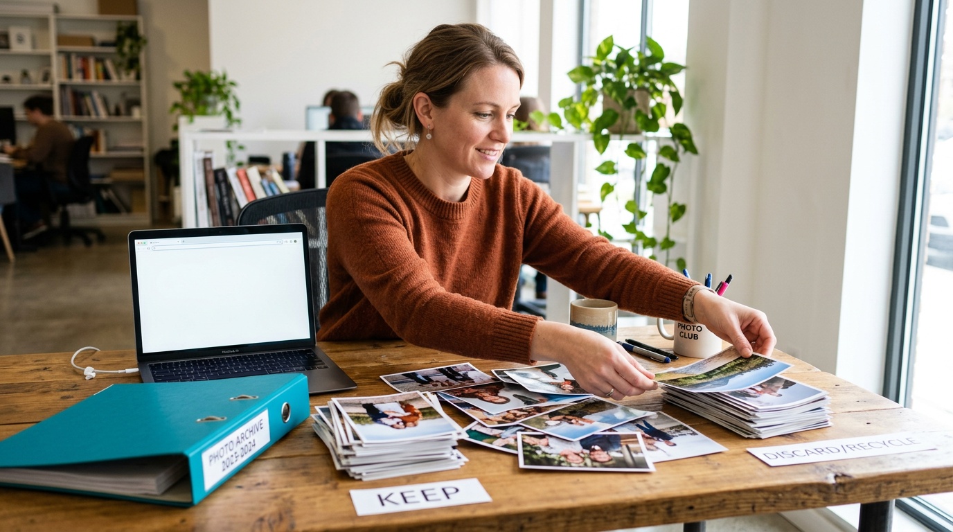 Choosing photos for a website on a desk Choosing photos for a website on a desk